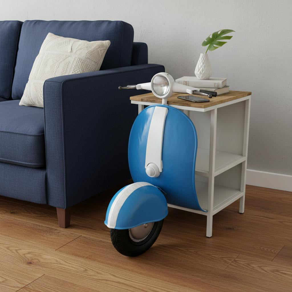 40" Natural Blue and Vanilla Solid Wood and Steel Scooter End Table With Two Shelves