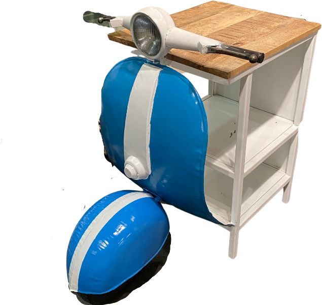 40" Natural Blue and Vanilla Solid Wood and Steel Scooter End Table With Two Shelves