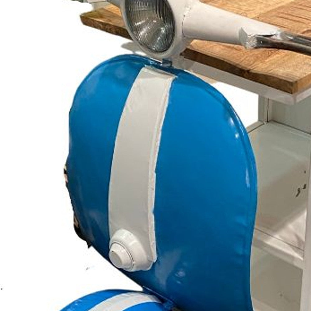 40" Natural Blue and Vanilla Solid Wood and Steel Scooter End Table With Two Shelves