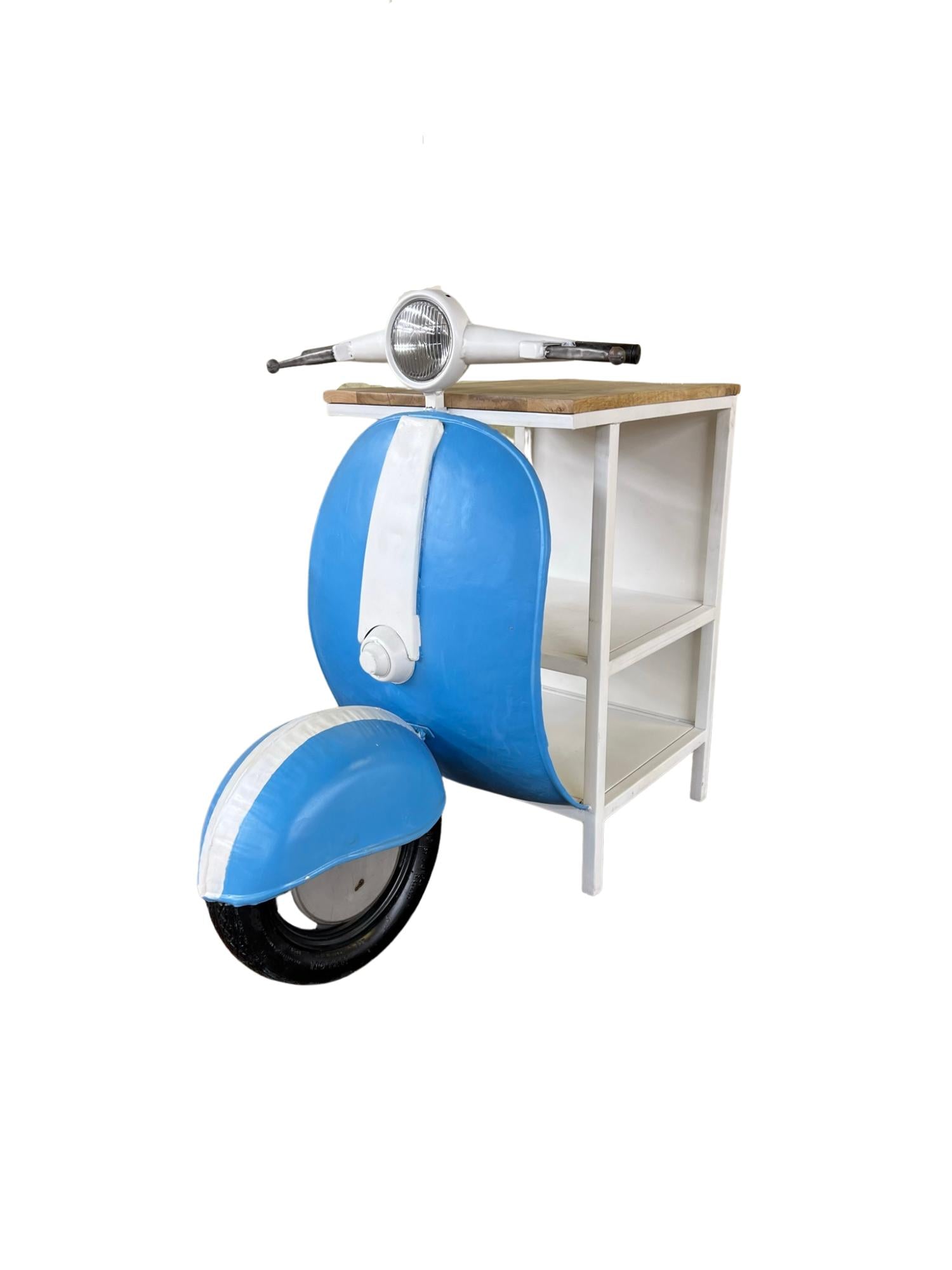 40" Natural Blue and Vanilla Solid Wood and Steel Scooter End Table With Two Shelves