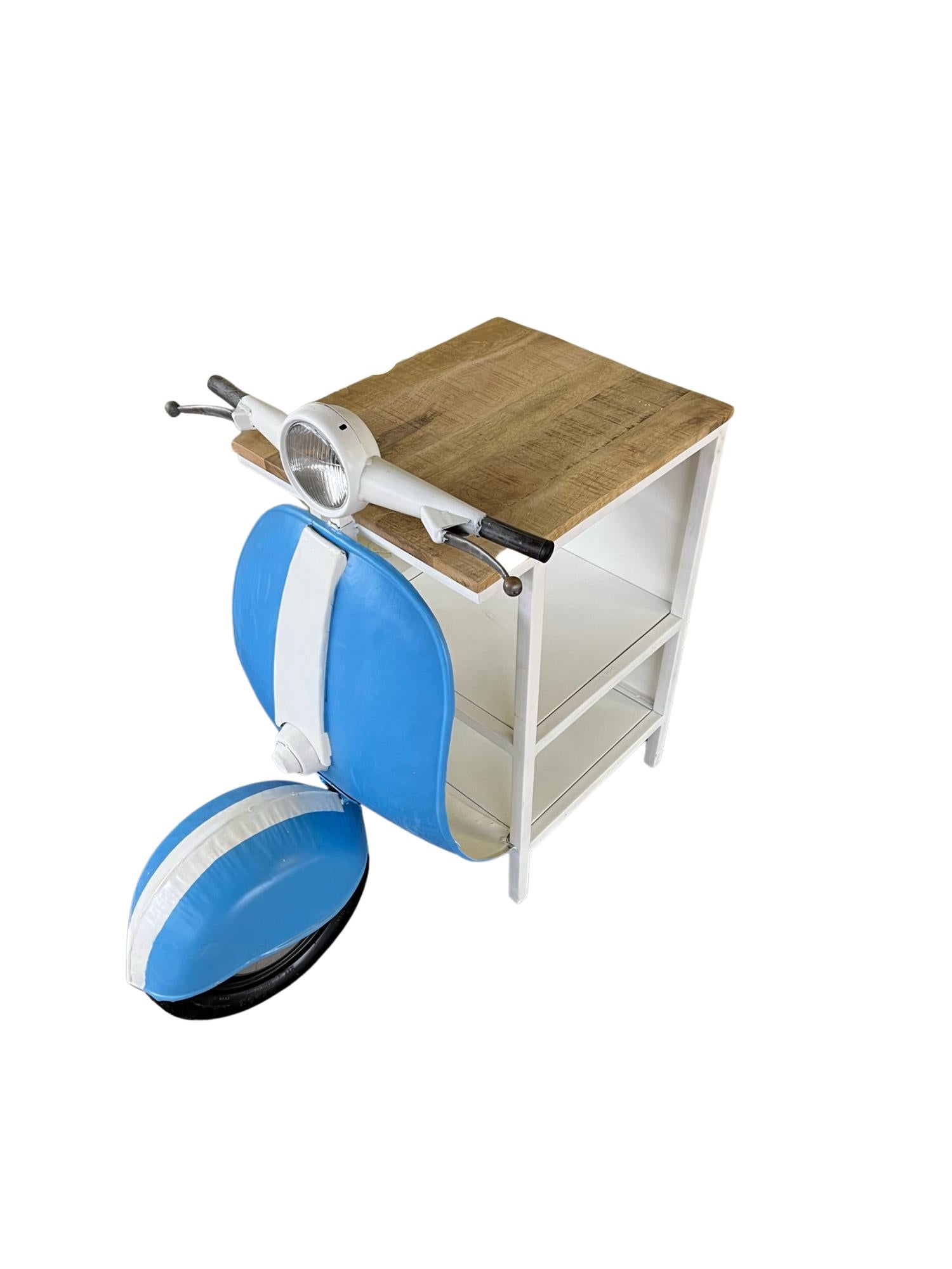 40" Natural Blue and Vanilla Solid Wood and Steel Scooter End Table With Two Shelves