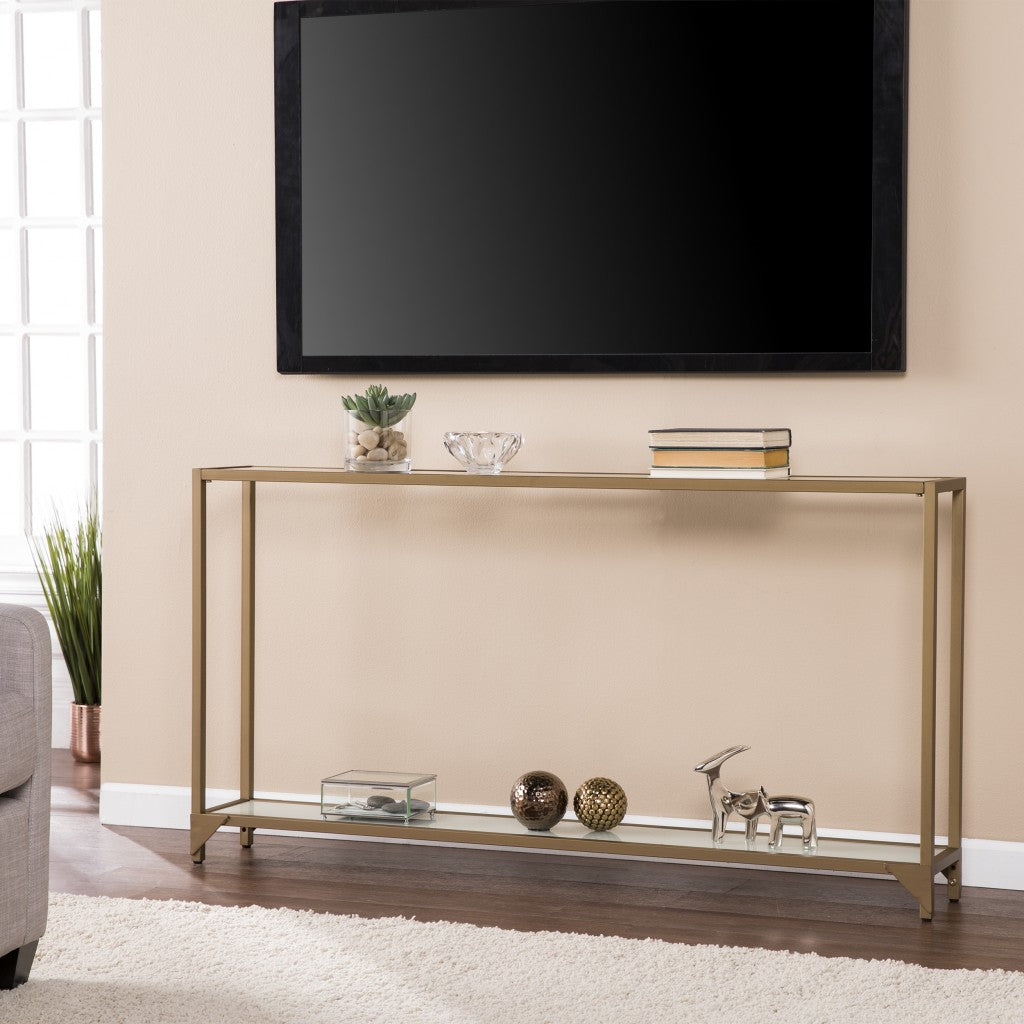 56" Clear and Gold Glass Mirrored Frame Console Table With Shelves