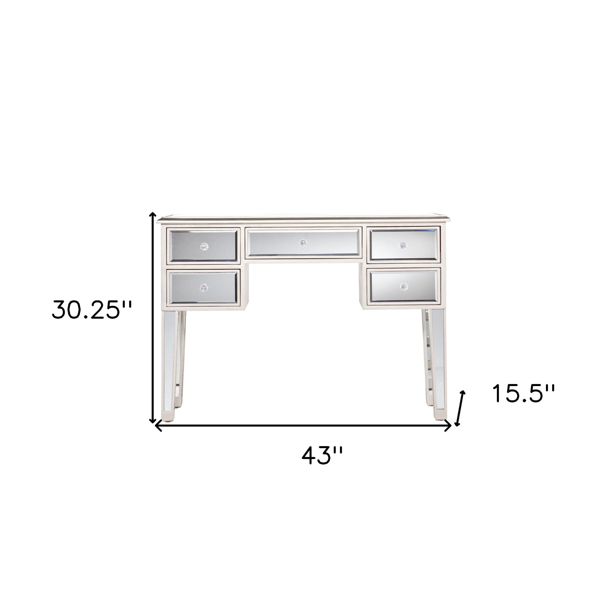 43" Silver Mirrored Glass and Solid Wood Console Table With Five Drawers