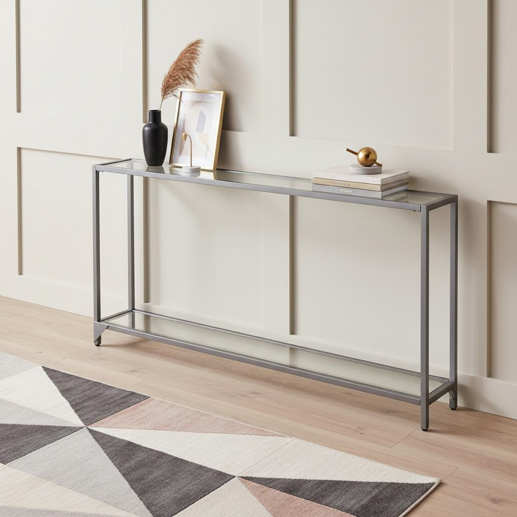 56" Clear and Silver Glass Mirrored Floor Shelf Console Table With Storage