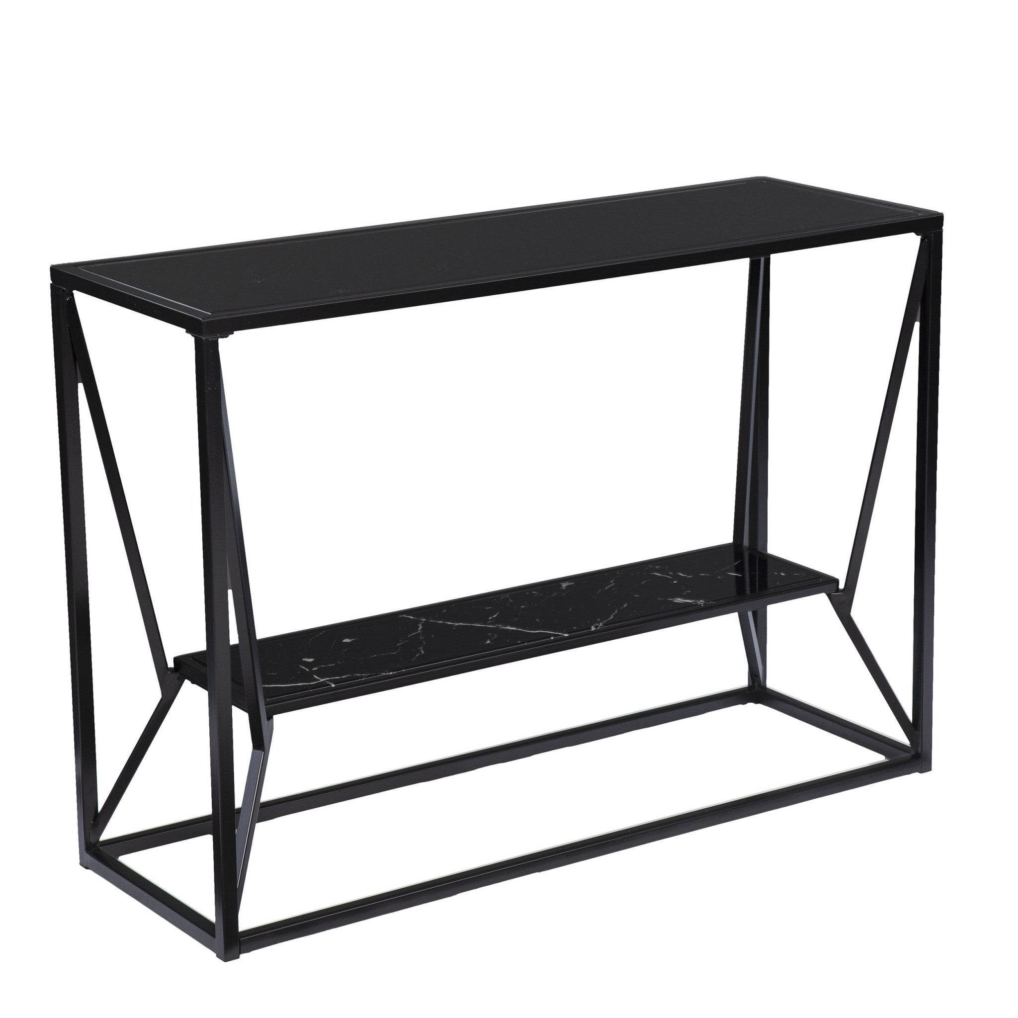 42" Black Glass and Metal A Frame Console Table With Shelf