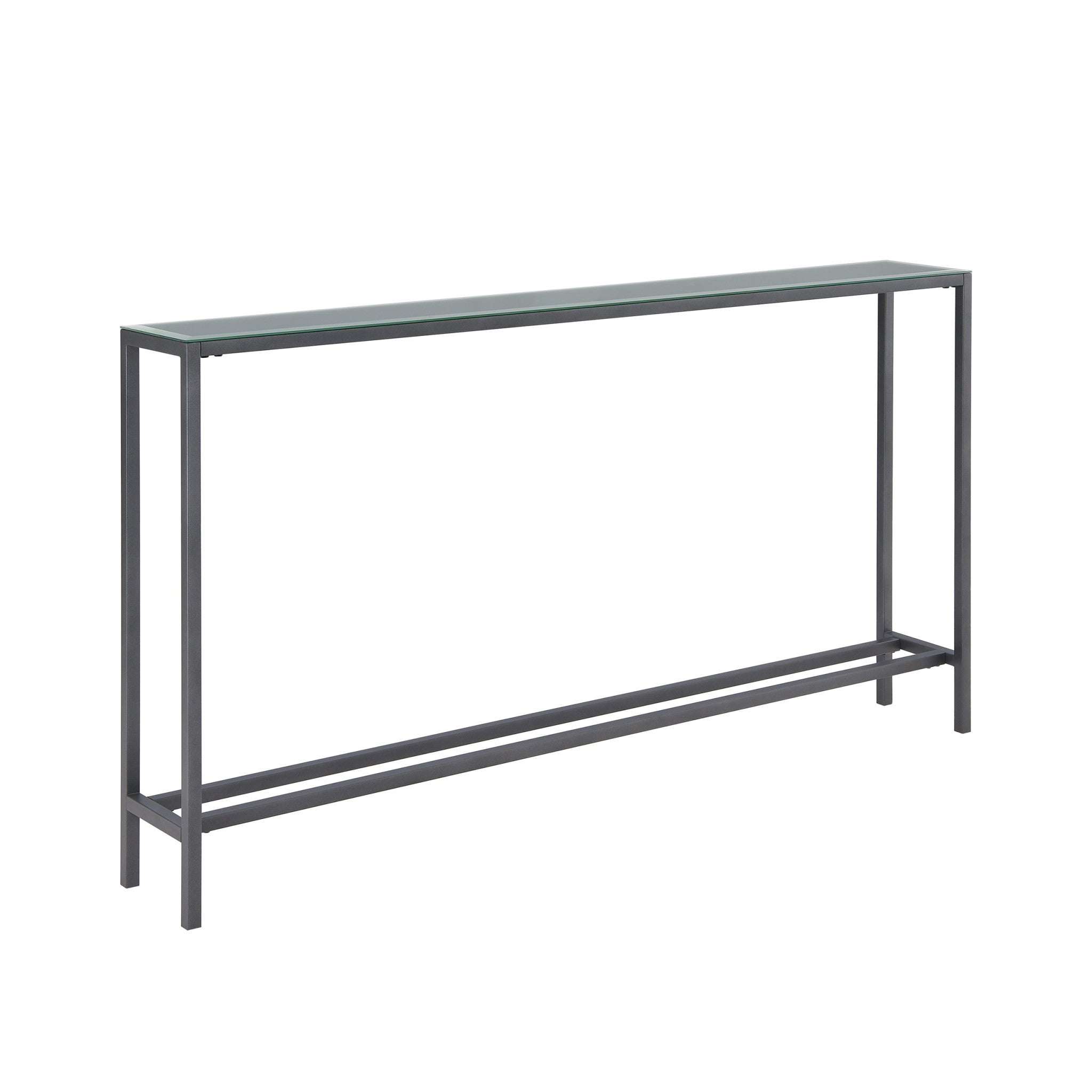 56" Silver and Gunmetal Mirrored Glass and Metal Console Table