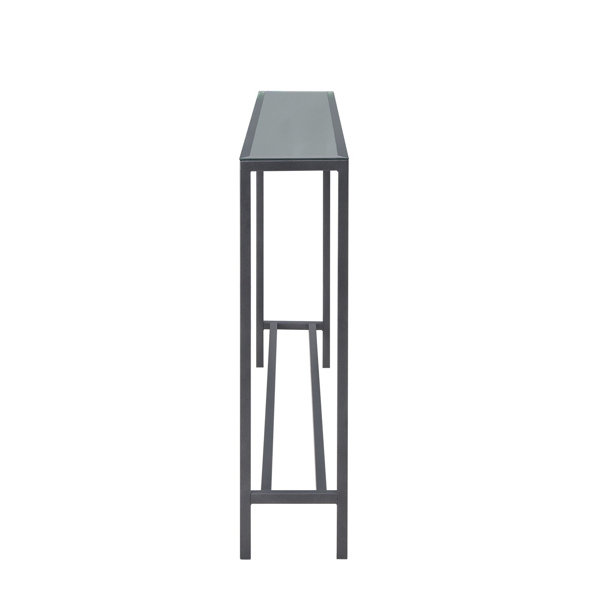 56" Silver and Gunmetal Mirrored Glass and Metal Console Table