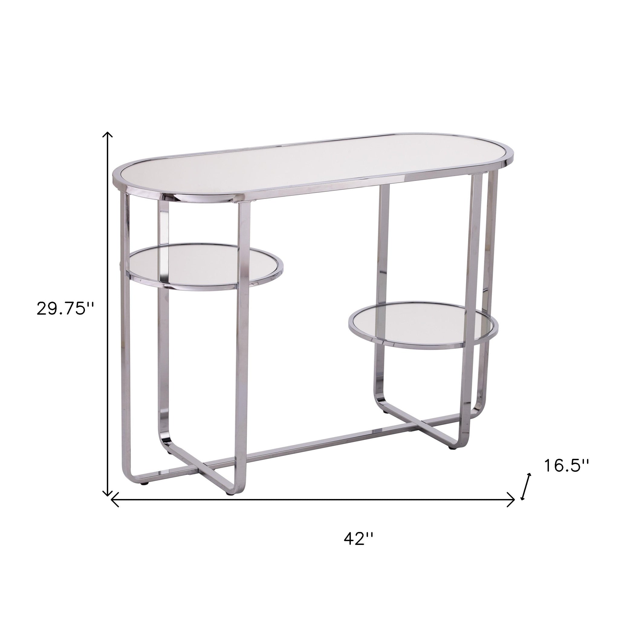 42" Silver Mirrored Glass and Iron Oval Cross Leg Console Table With Two Shelves