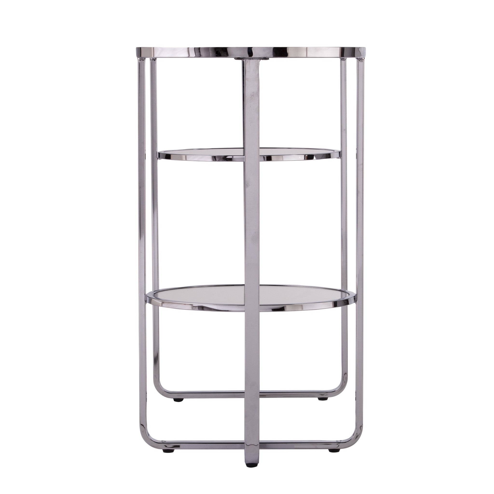 42" Silver Mirrored Glass and Iron Oval Cross Leg Console Table With Two Shelves