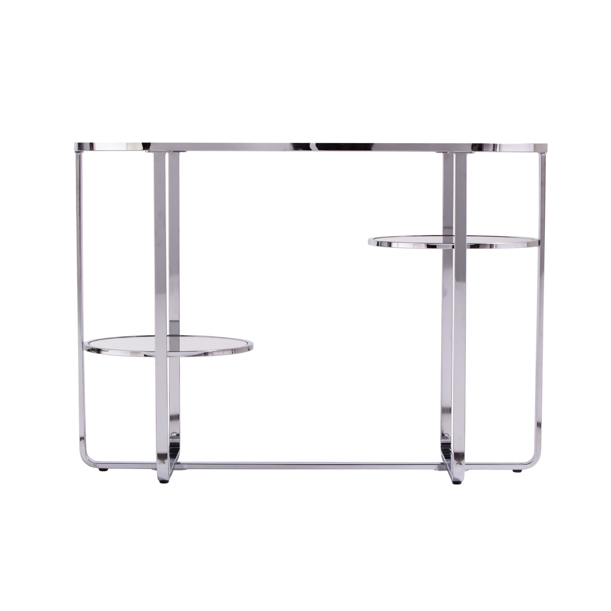 42" Silver Mirrored Glass and Iron Oval Cross Leg Console Table With Two Shelves