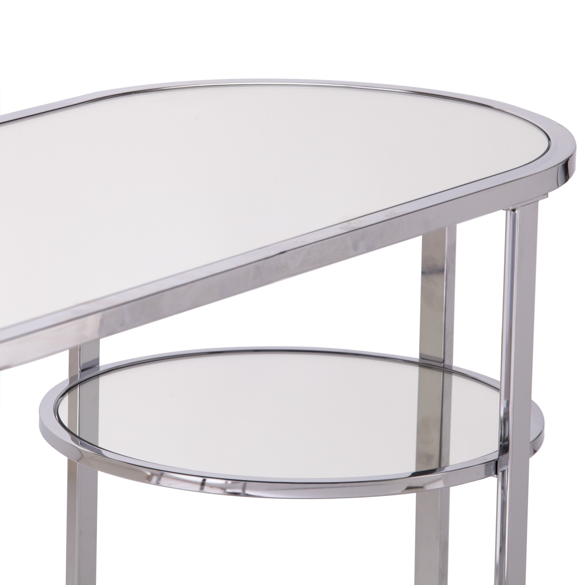 42" Silver Mirrored Glass and Iron Oval Cross Leg Console Table With Two Shelves
