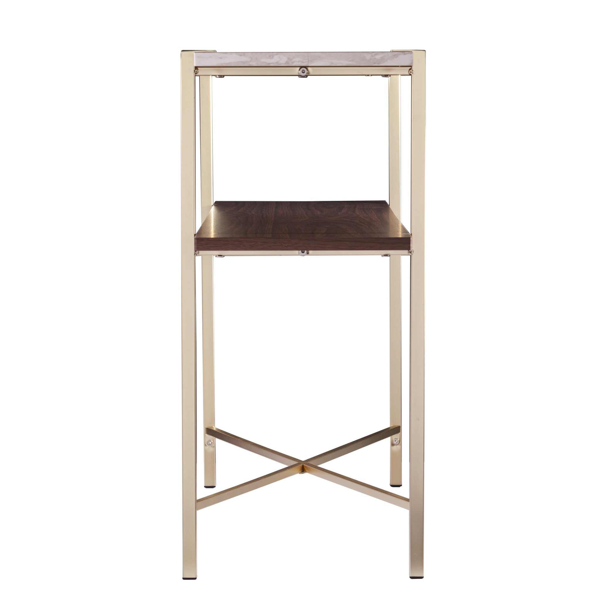47" White Brass and Brown Faux Marble Console Table With Shelf