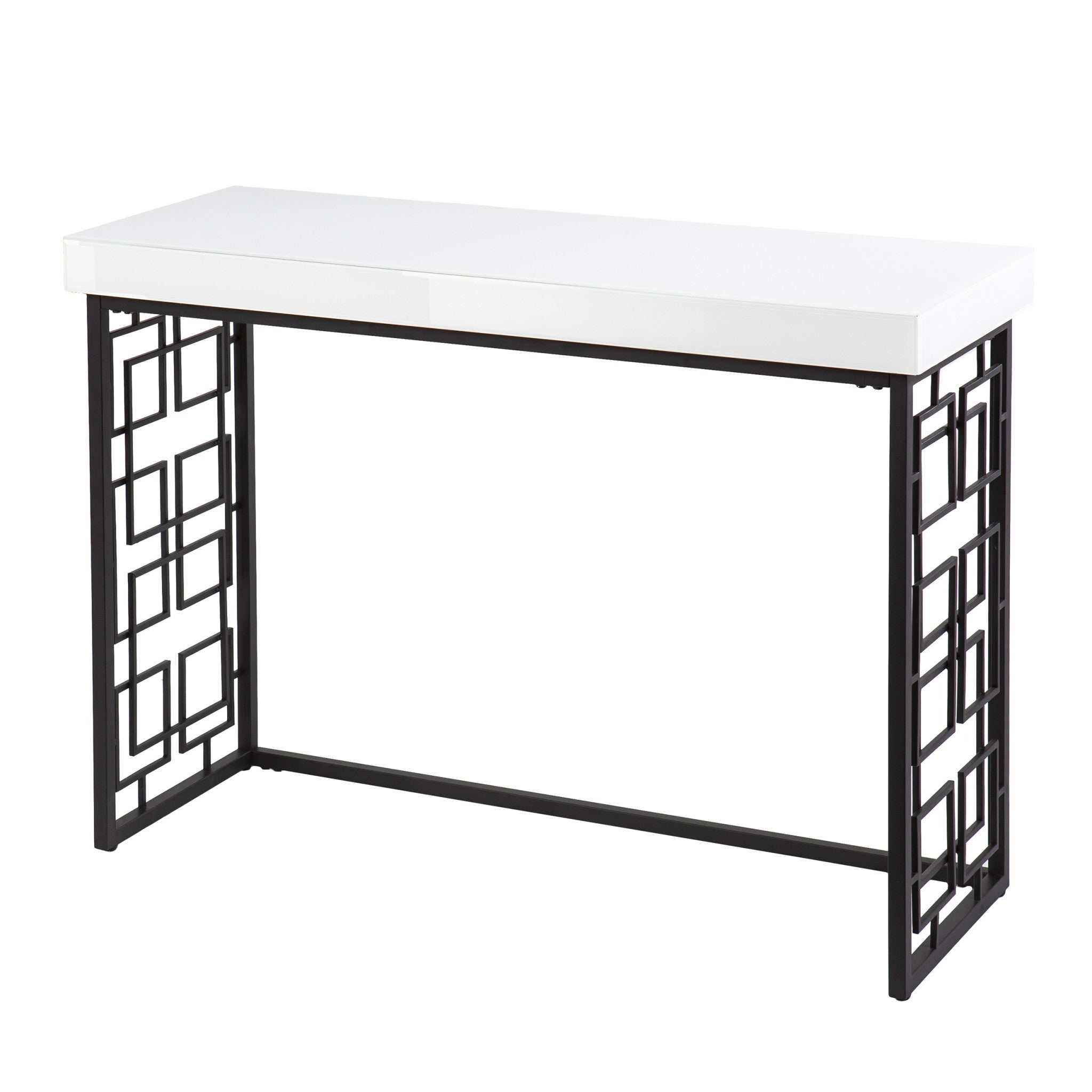 42" White and Black Glass and Metal Sled Console Table