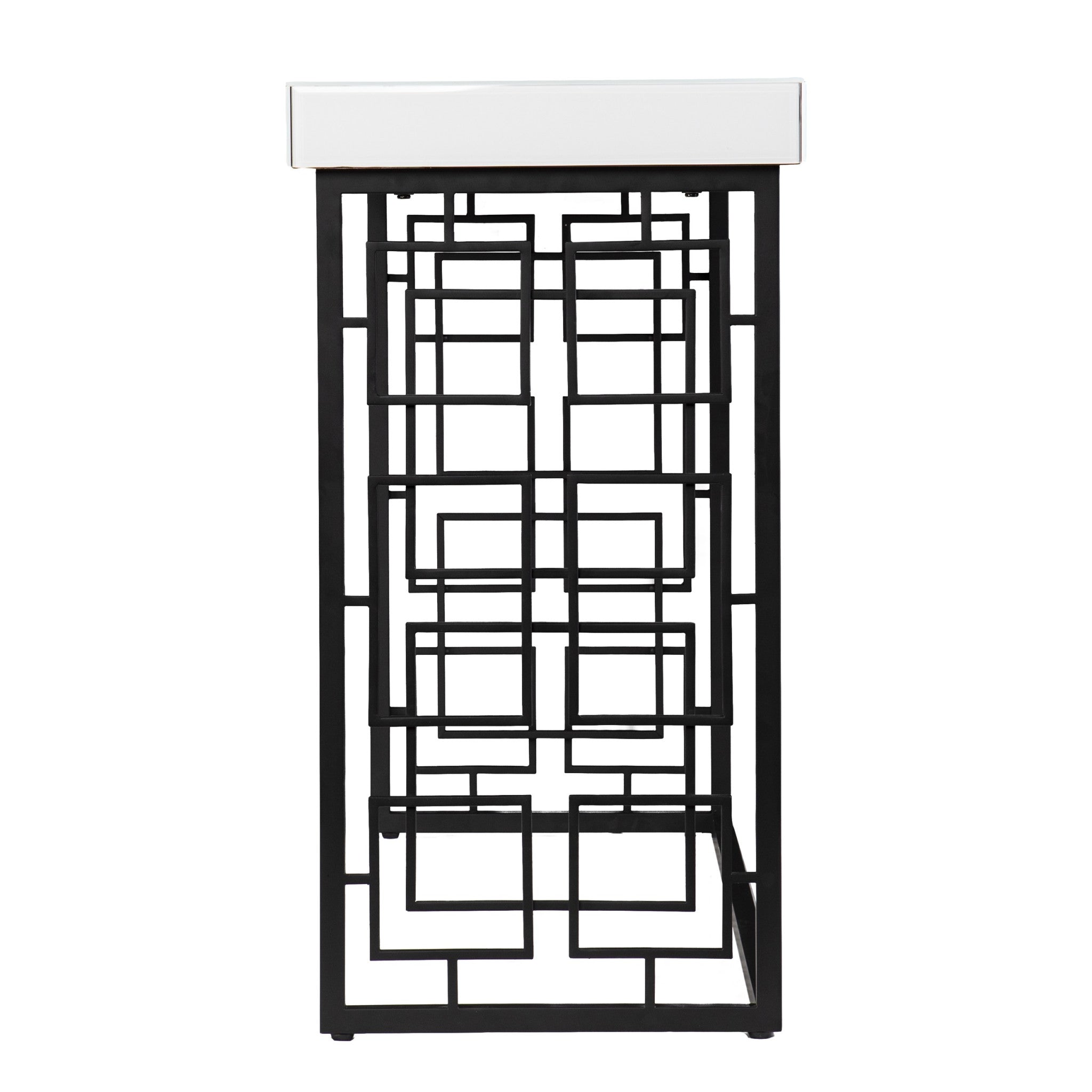 42" White and Black Glass and Metal Sled Console Table