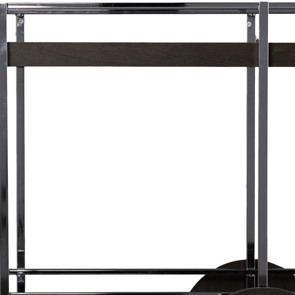 34" Brown And Silver Iron and Wood Rolling Bar Cart