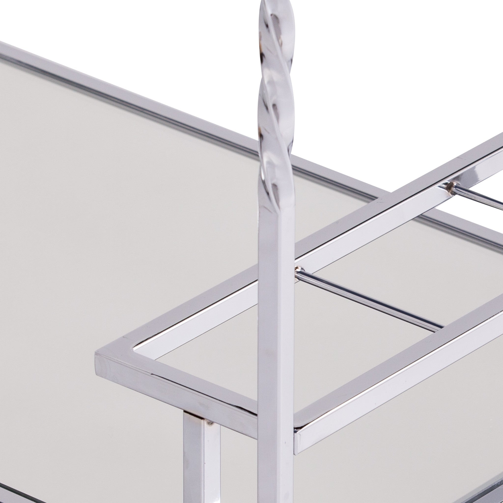 29" Silver Metal and Mirrored Glass Rolling Bar Cart With Wine Storage