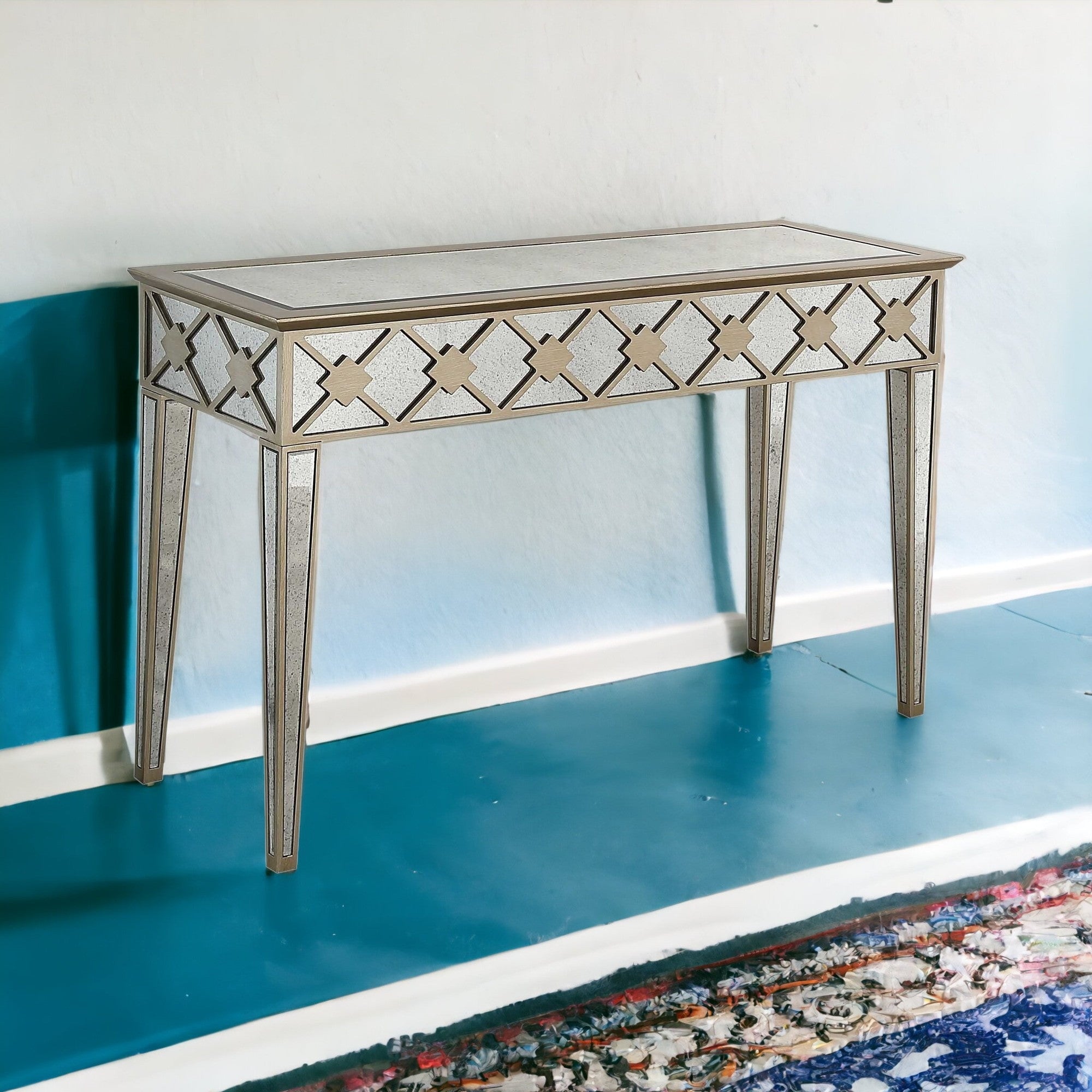 51" Gold and Silver Mirrored Glass Console Table