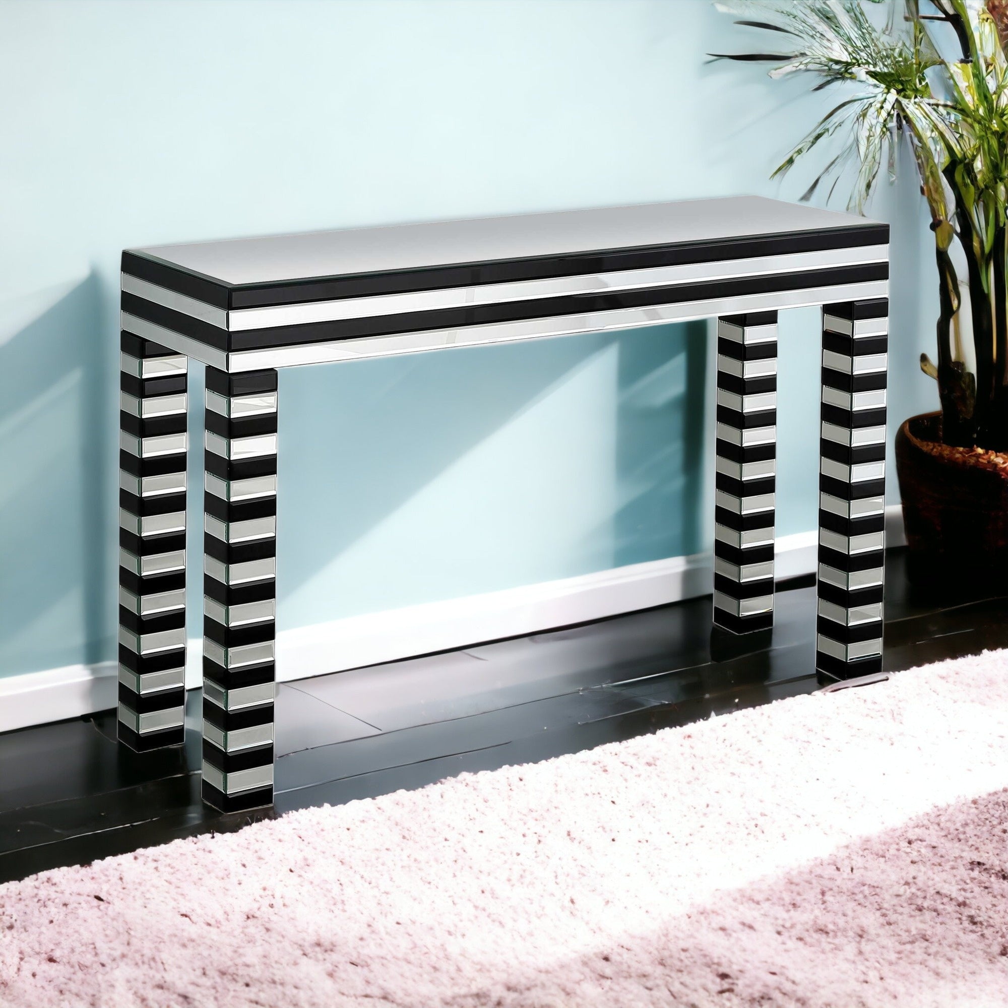 48" Silver and Black Mirrored Glass Console Table