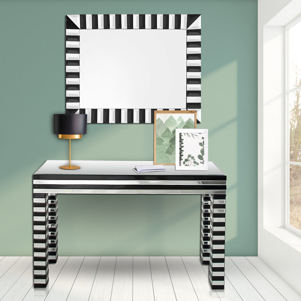 48" Silver and Black Mirrored Glass Console Table