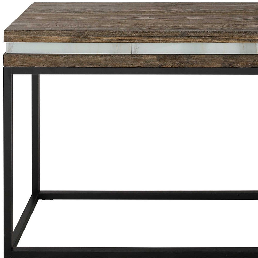 47" Brown White and Black Solid Wood And Faux Marble Sled Console Table
