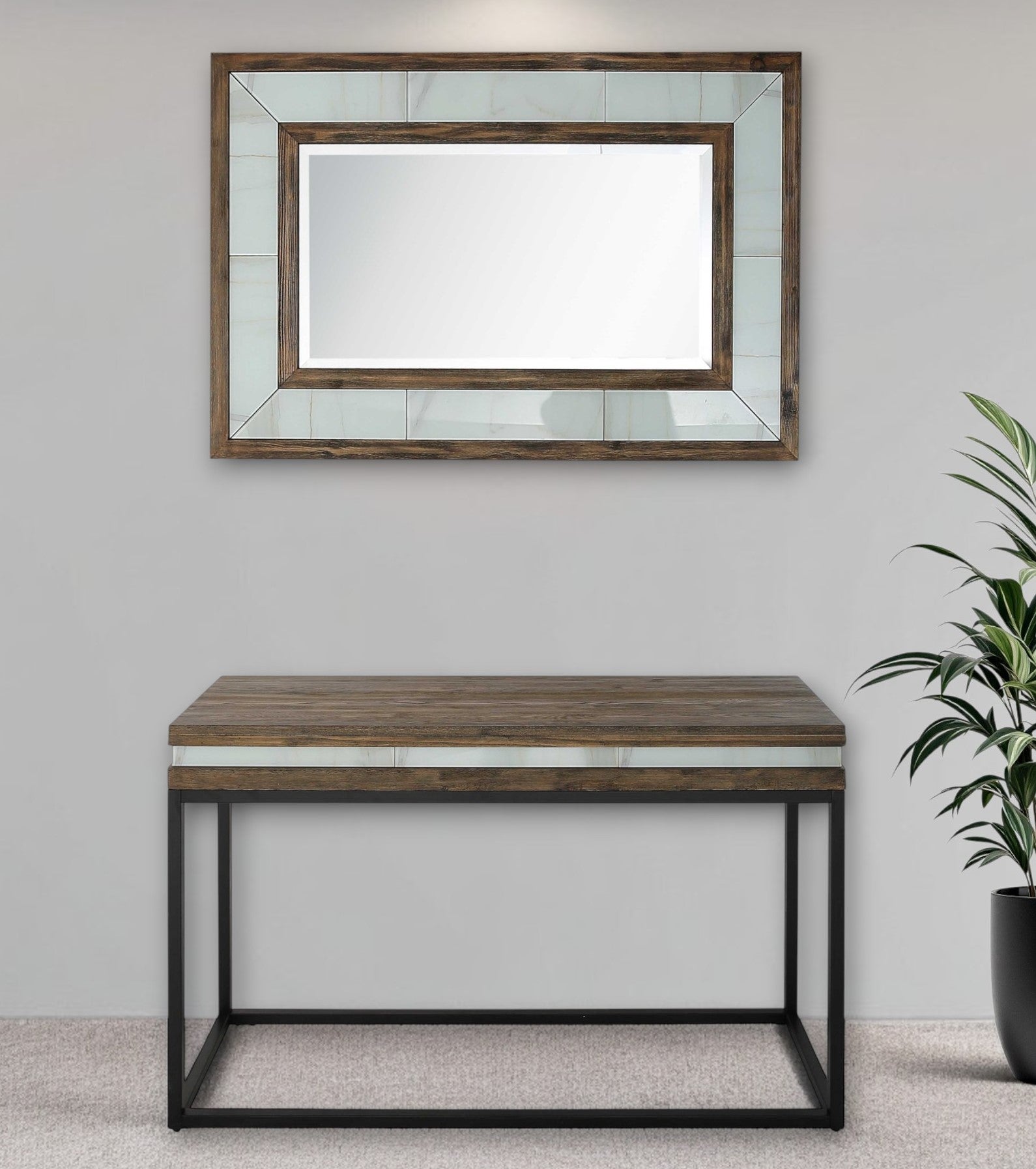 47" Brown White and Black Solid Wood And Faux Marble Sled Console Table