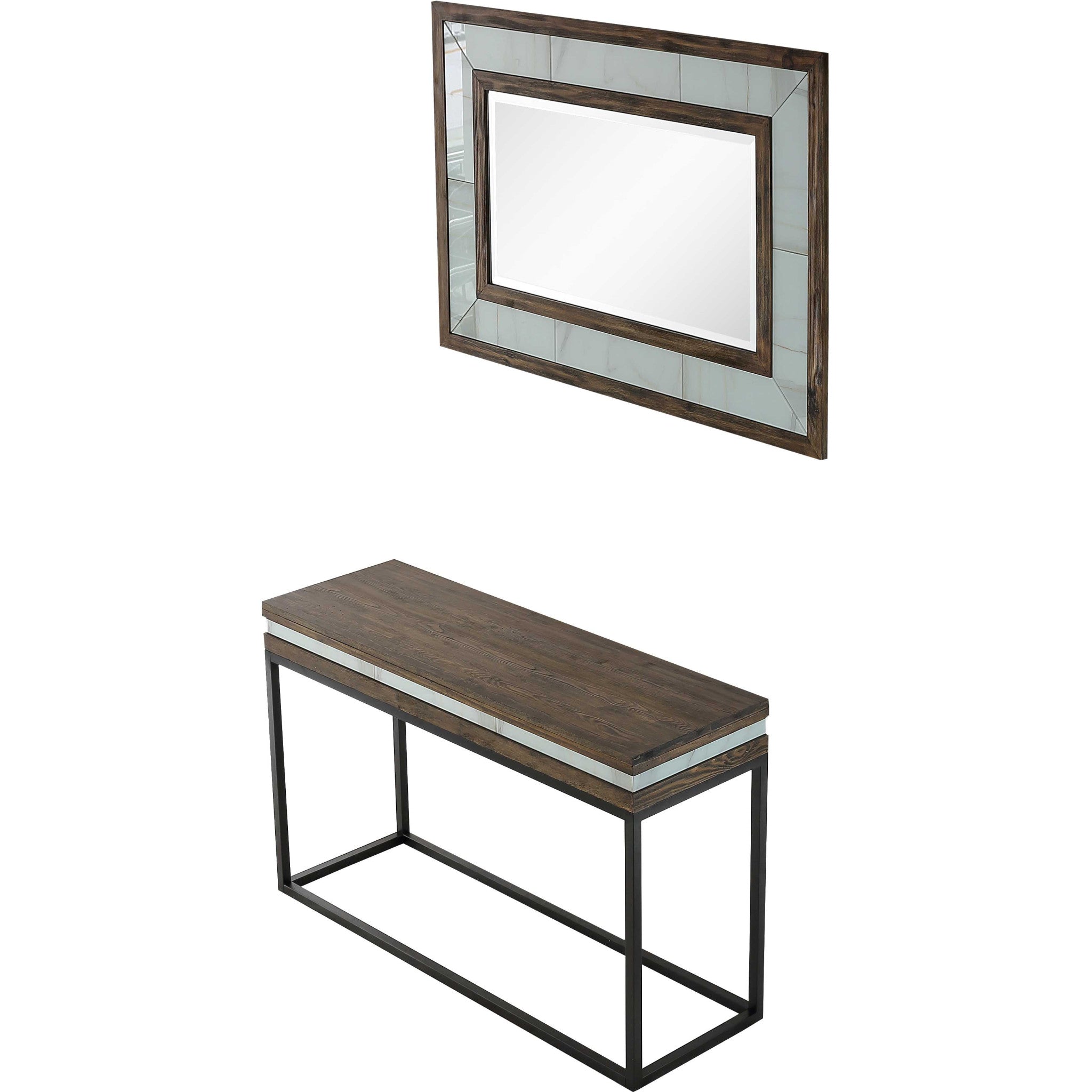 47" Brown White and Black Solid Wood And Faux Marble Sled Console Table