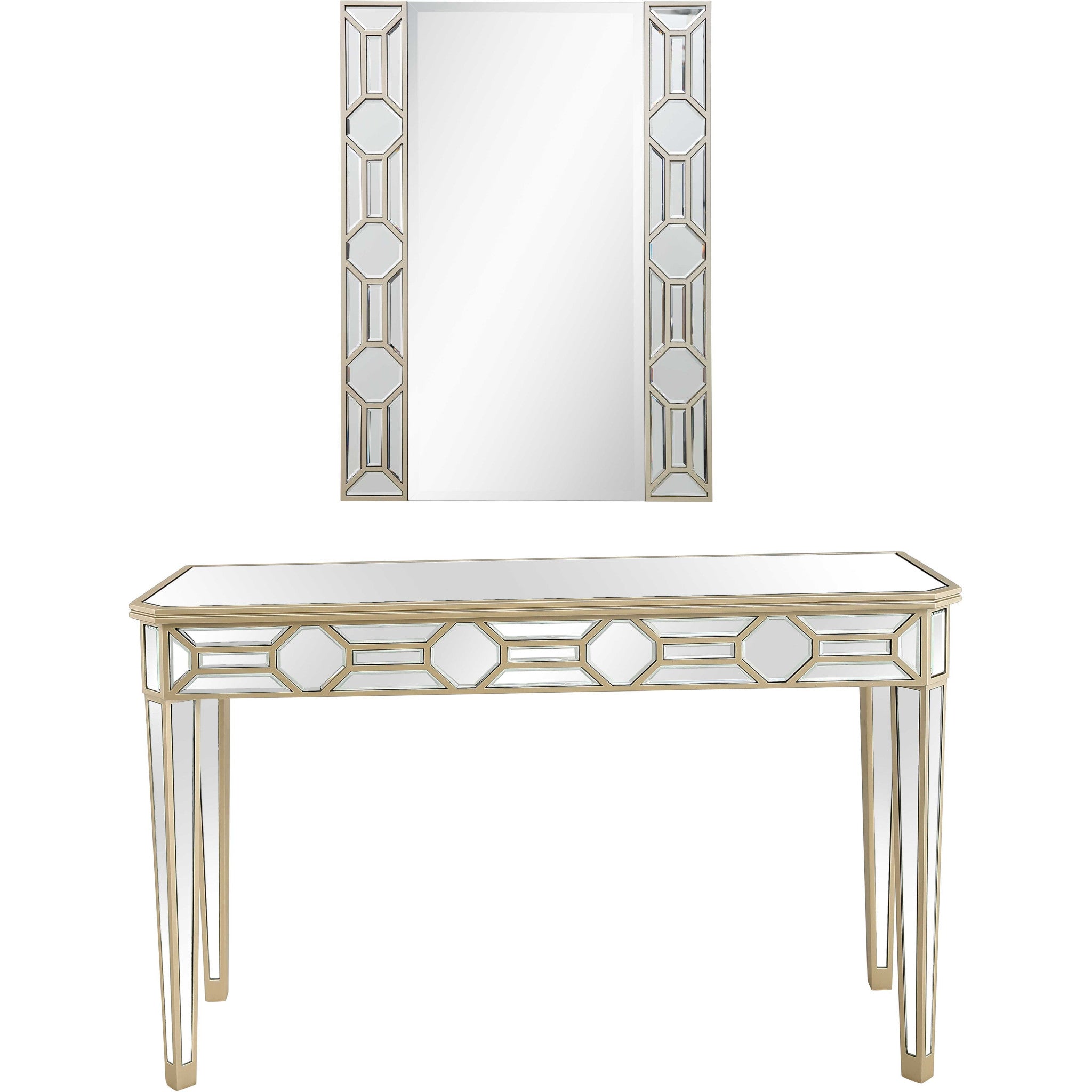 Set of Two 47" Silver and Champagne Mirrored Glass Console Table and Mirror