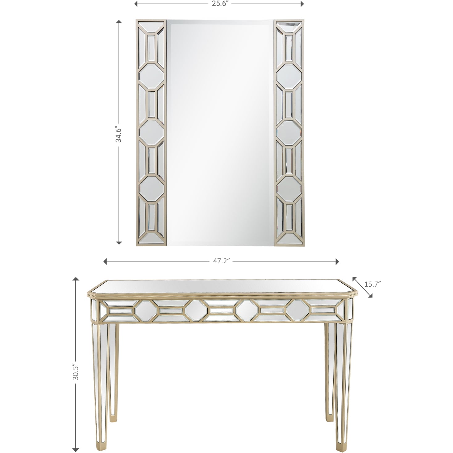 Set of Two 47" Silver and Champagne Mirrored Glass Console Table and Mirror