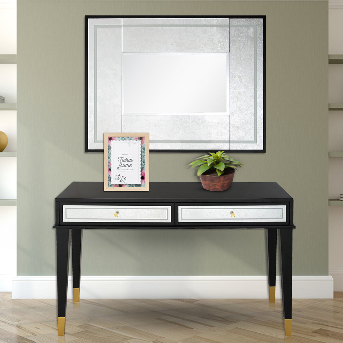 47" Black Silver and Gold Wood Console Table And Drawers