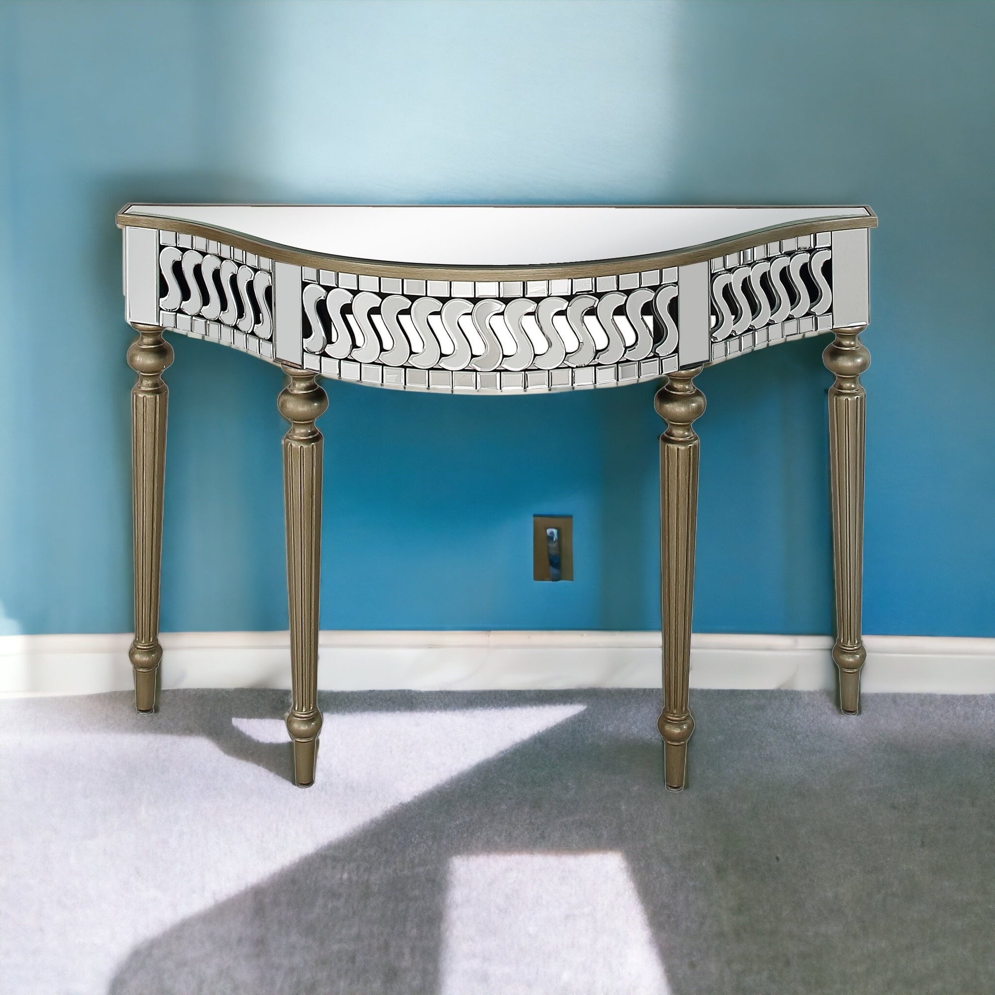 44" Silver and Gold Mirrored Glass Free Form Console Table