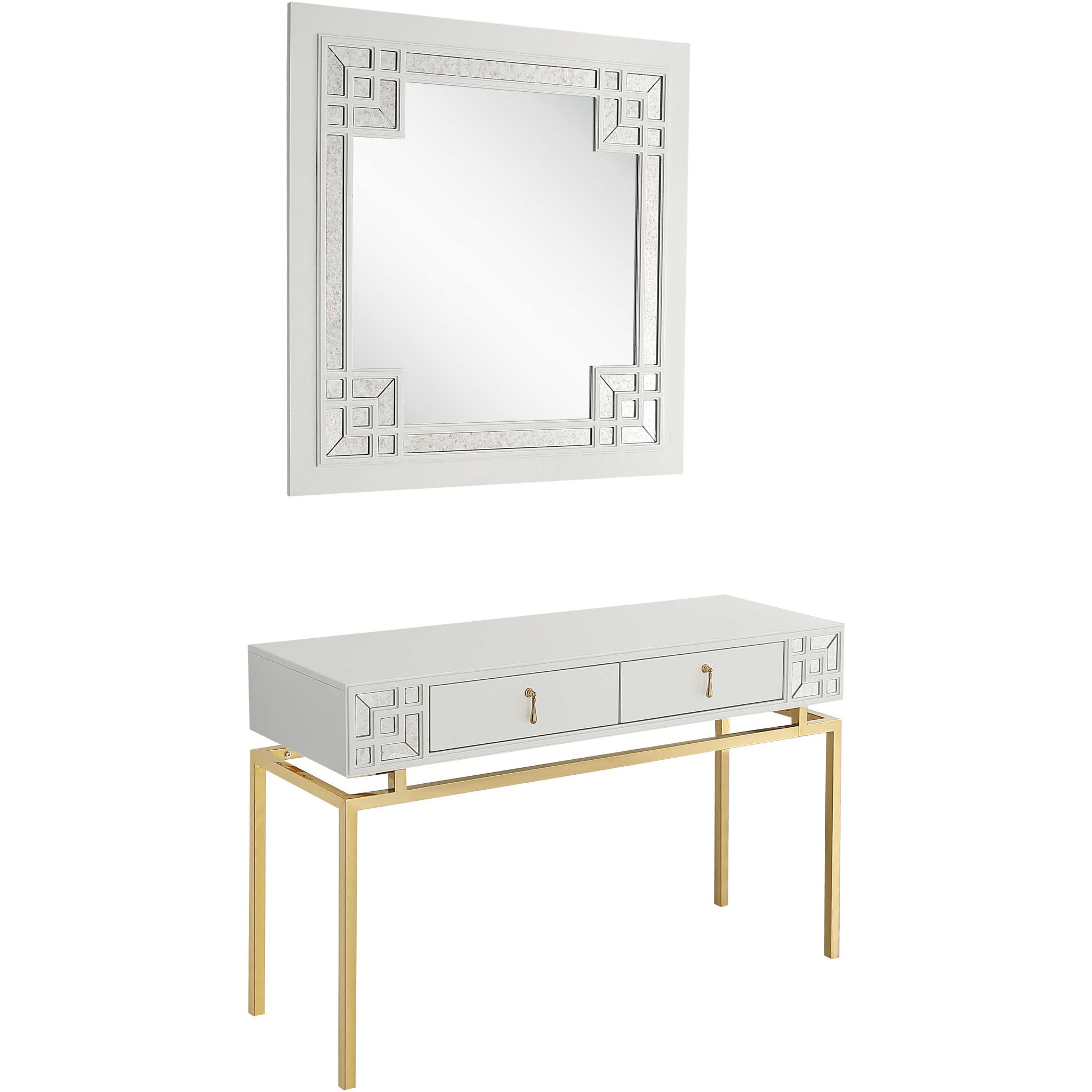 47" White and Gold Mirrored Wood Console Table With Two Drawers