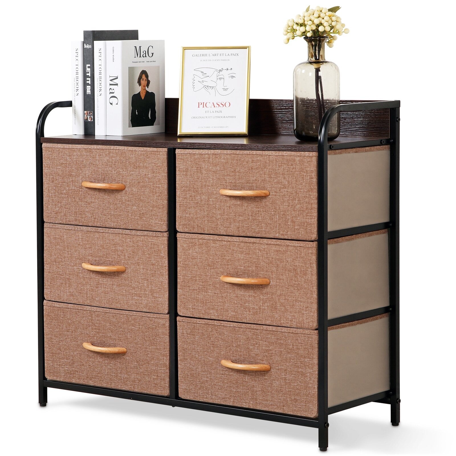 31" Brown Fabric and Metal Accent Chest With Two Shelves And Six Drawers