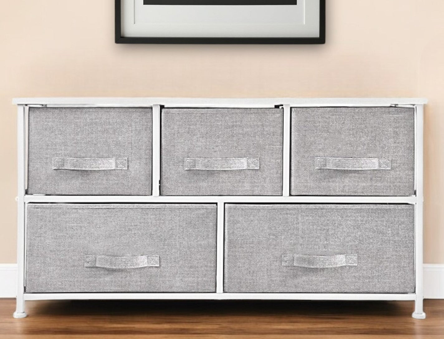 39" Gray and White Steel and Fabric Five Drawer Dresser