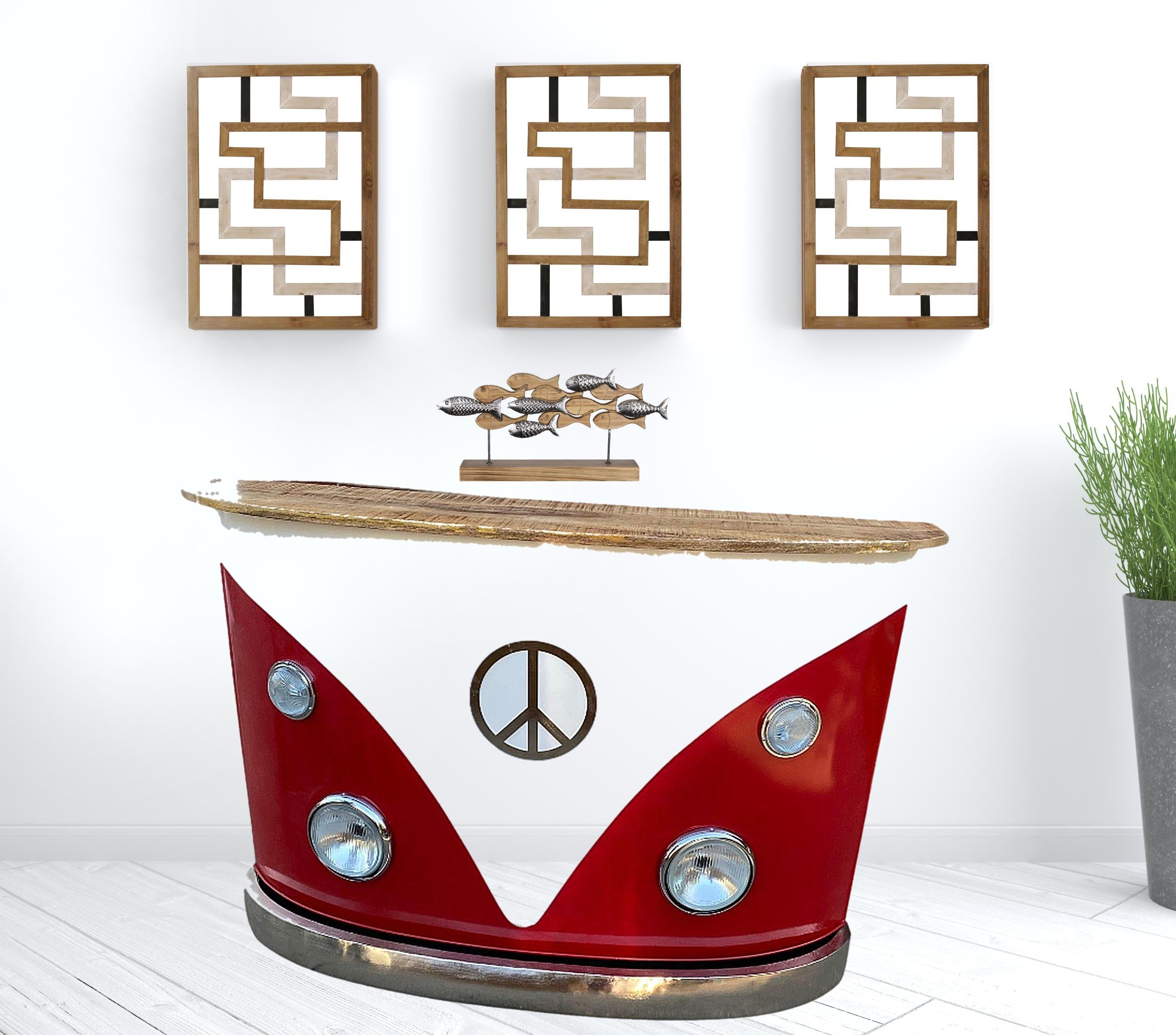 60"  Red and White Metal and Wood Peace Van Bar Server