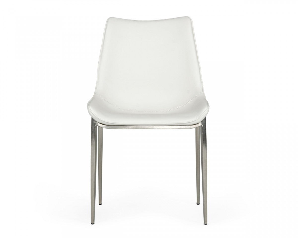 Set of Two White and Silver Upholstered Faux Leather Dining Side Chairs