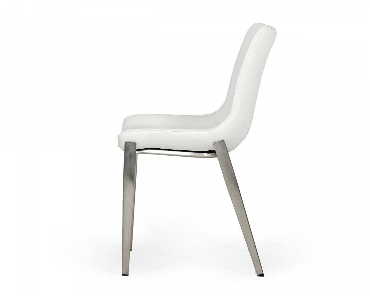 Set of Two White and Silver Upholstered Faux Leather Dining Side Chairs