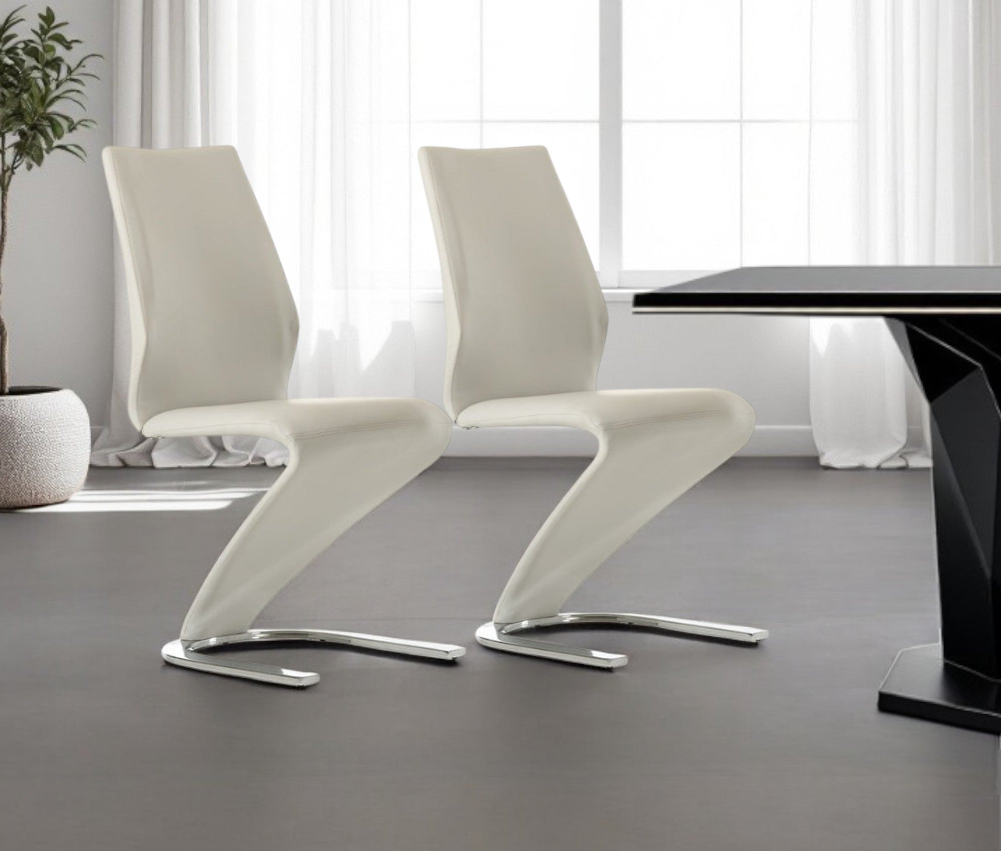 Set of Two White and Silver Upholstered Faux Leather Dining Side Chairs