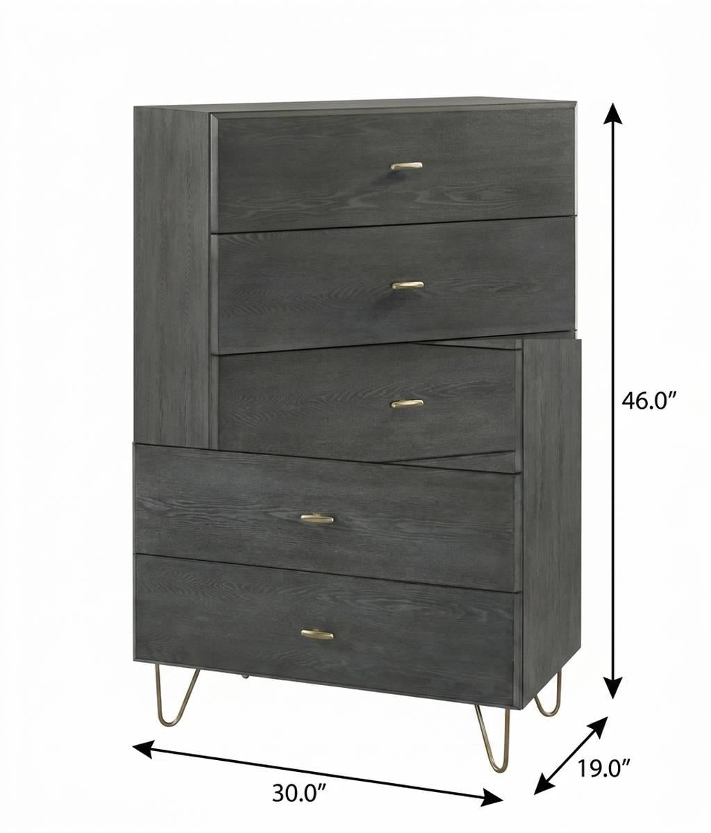 30" Gray Wood Five Drawer Dresser