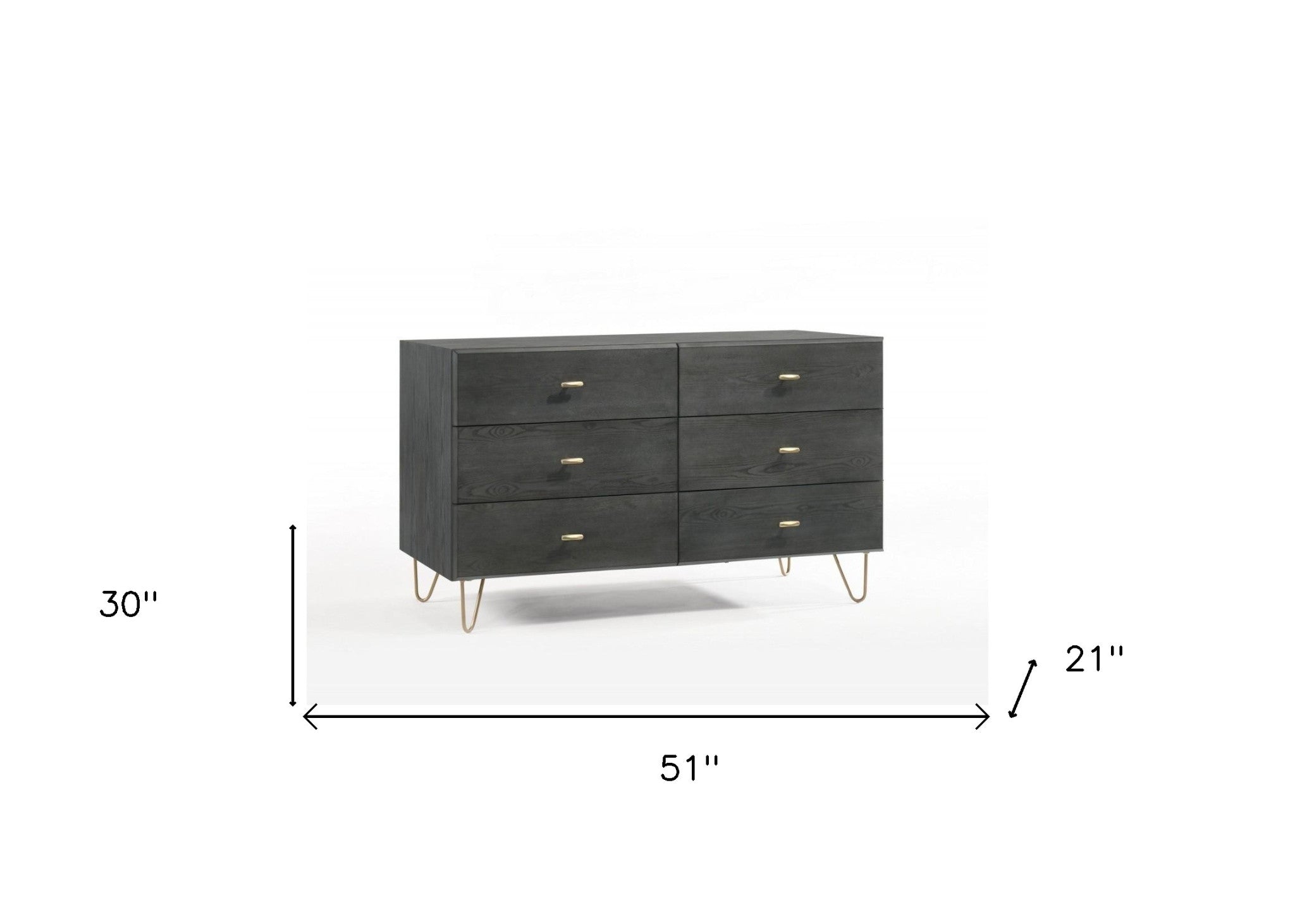 51" Gray Wood Six Drawer Double Dresser