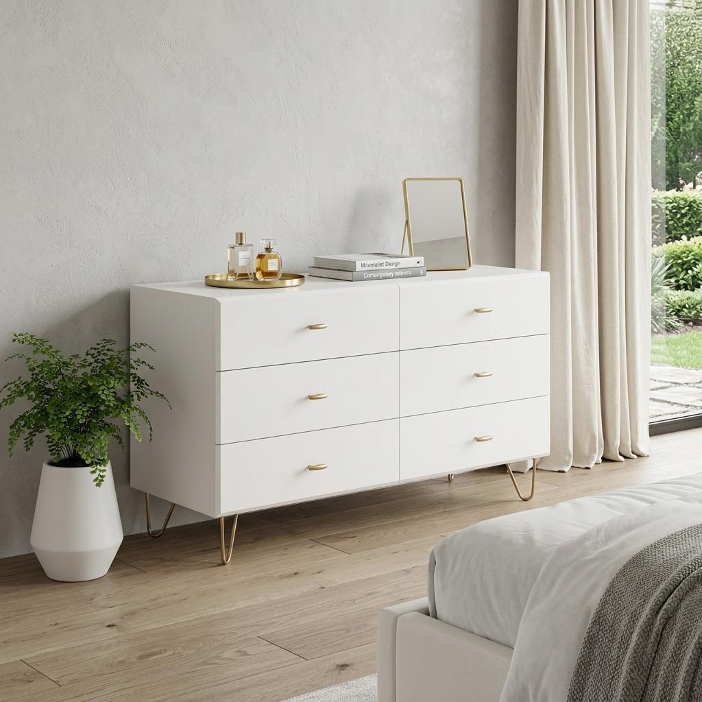 51" White Wood Six Drawer Double Dresser