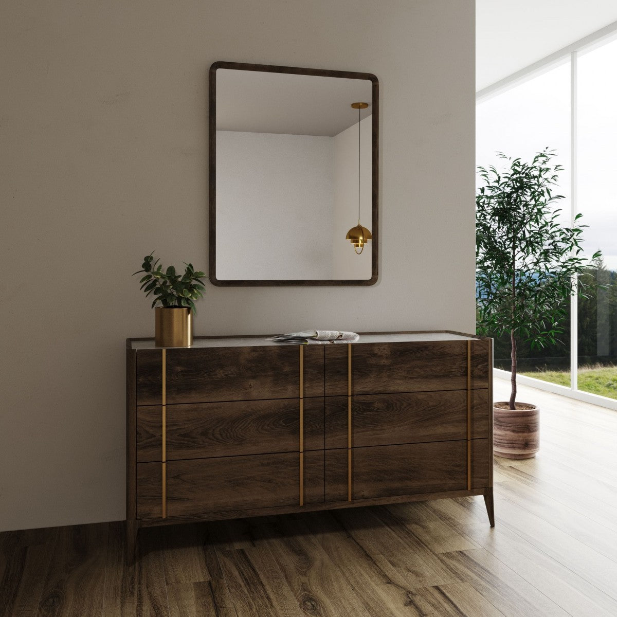 59" Dark Brown Solid Wood Six Drawer Double Dresser