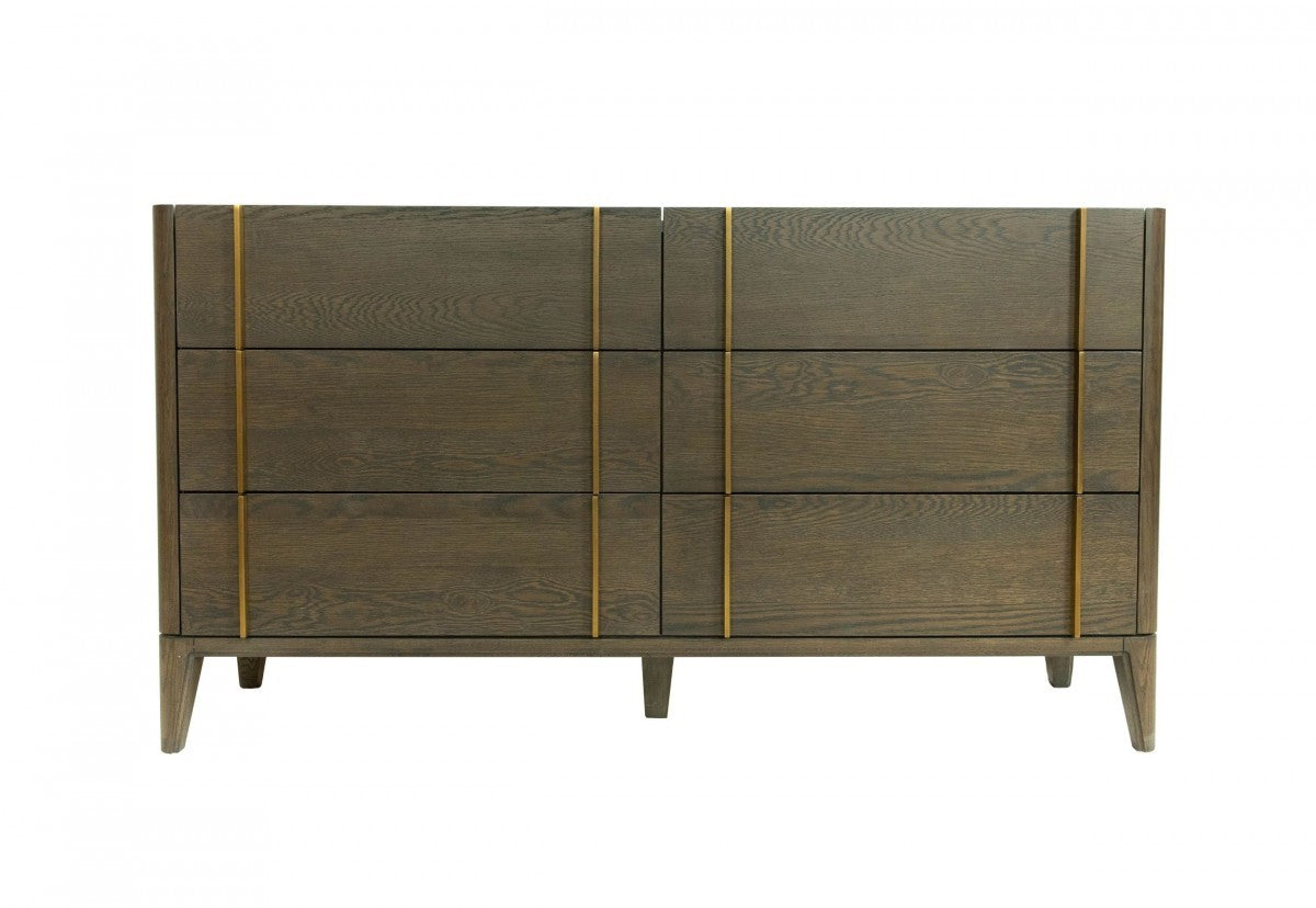 59" Dark Brown Solid Wood Six Drawer Double Dresser