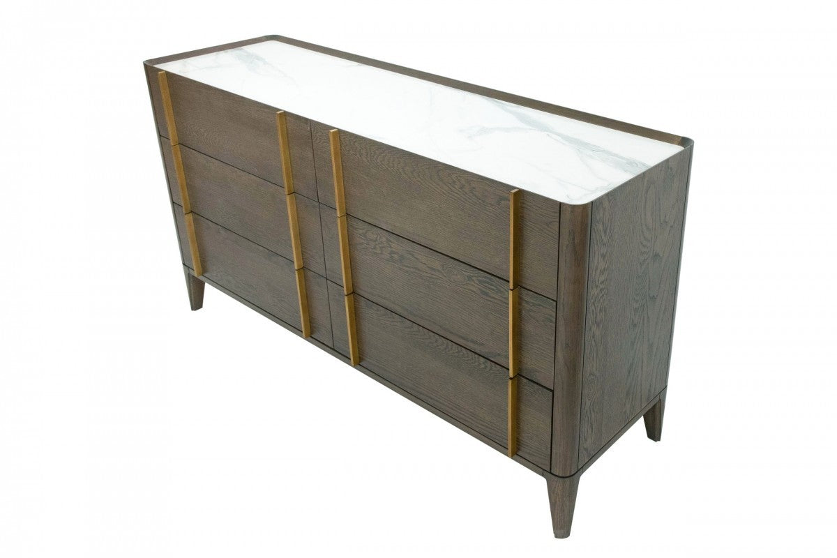 59" Dark Brown Solid Wood Six Drawer Double Dresser