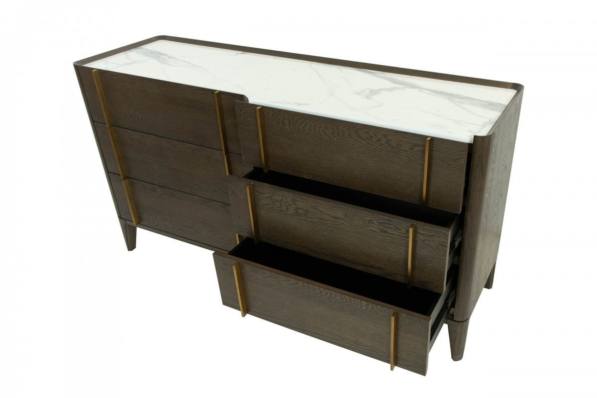 59" Dark Brown Solid Wood Six Drawer Double Dresser