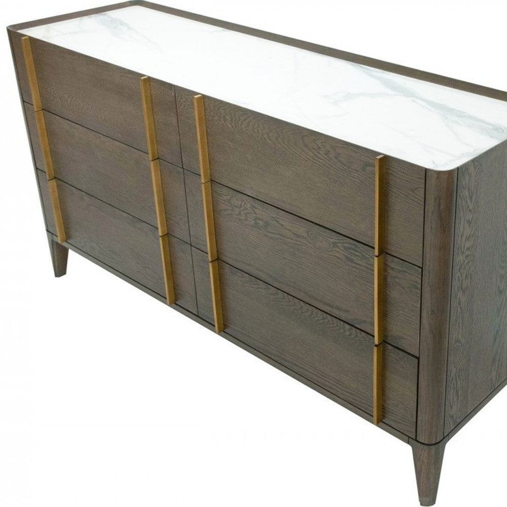 59" Dark Brown Solid Wood Six Drawer Double Dresser