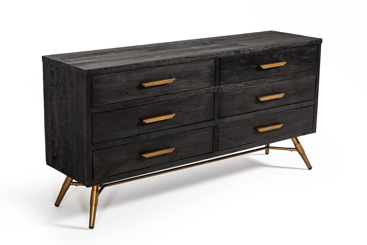63" Dark Brown Solid Wood Six Drawer Double Dresser