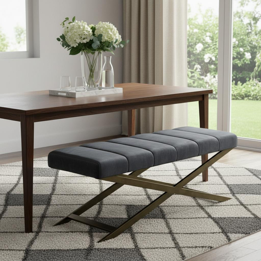 47" Gray And Gold Upholstered Velvet Dining bench