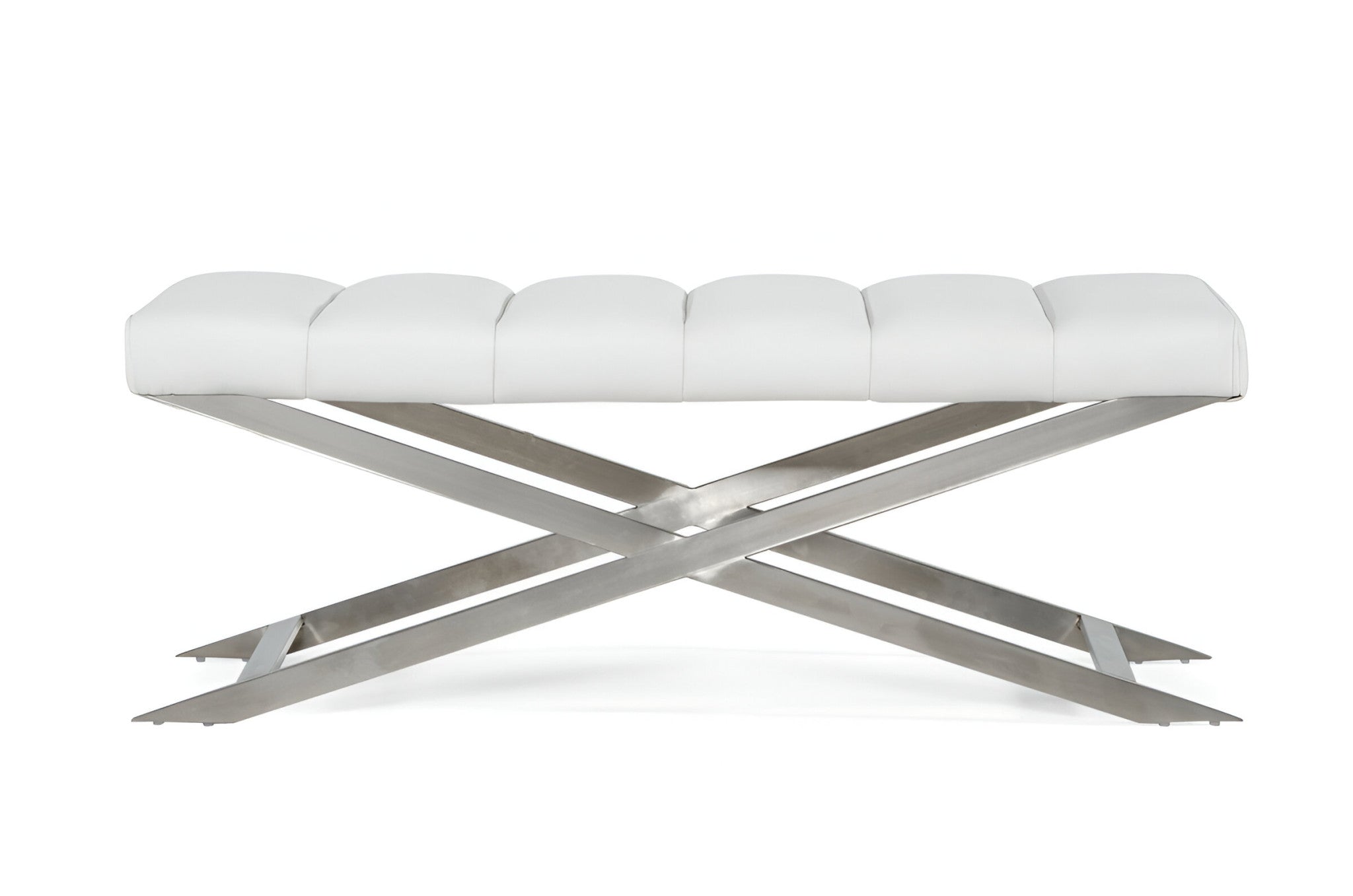 47" White and Silver Tufted Faux Leather Upholstered Dining Bench