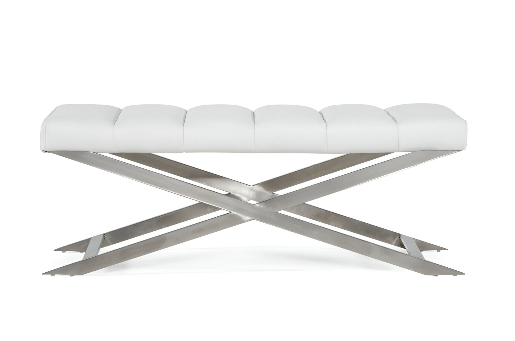 47" White and Silver Tufted Faux Leather Upholstered Dining Bench