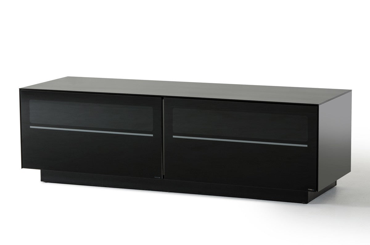 59" Black Glass And Wood Enclosed Storage TV Stand